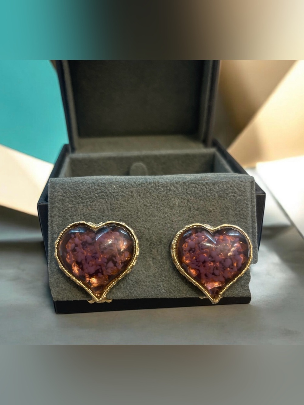 Gold-Trim Purple Heart Resin Stud Earrings